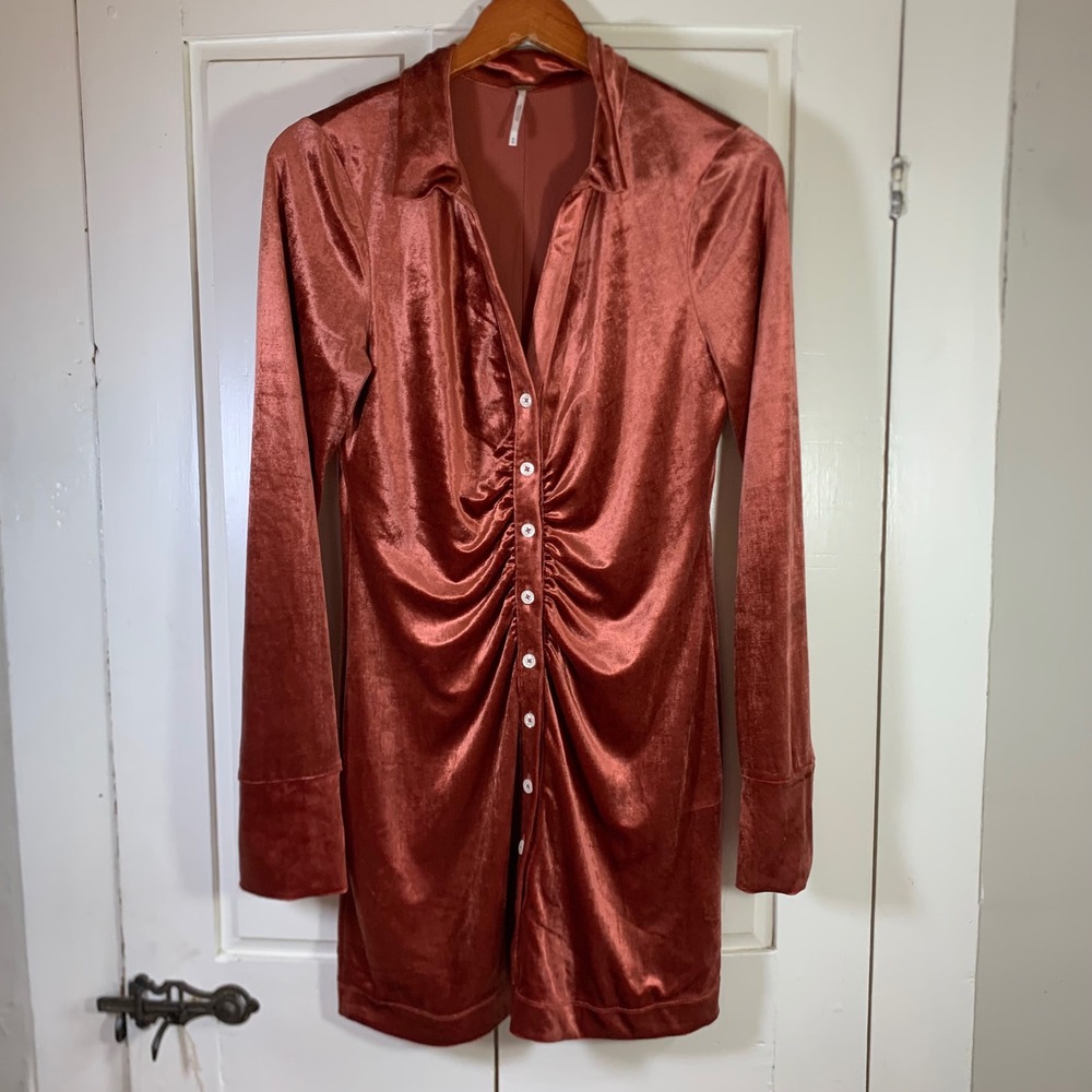 Free People‎ Rust Velvet Ruched Button Down Mini Dress Fall Medium Bodycon Party